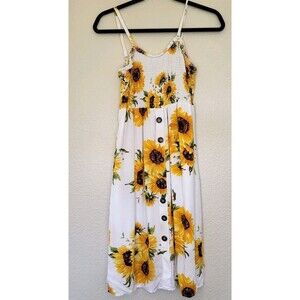 Womens Summer Dress Size Sm Sunflower Spaghetti Strap Midi Smocked Faux Buttons